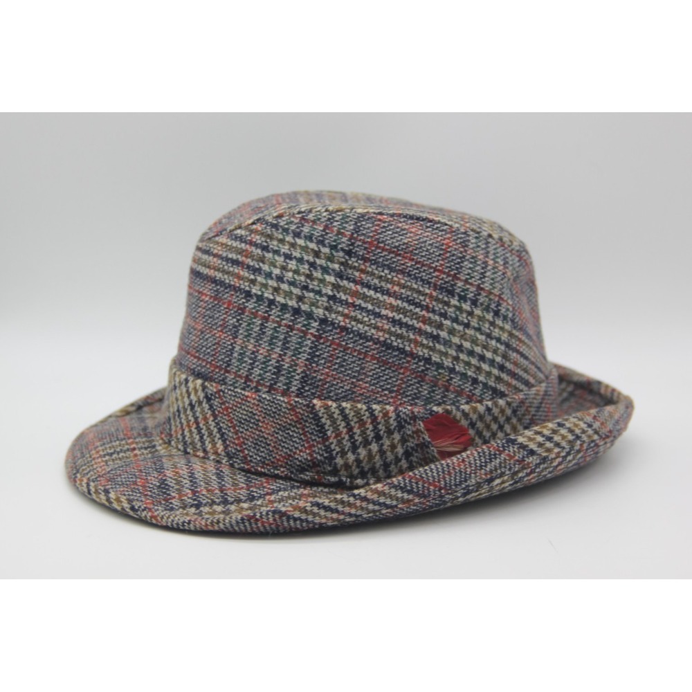 Vintage Lids Plaid Striped Blue Red White Fedora Hat Size 6 7/8 Feather
